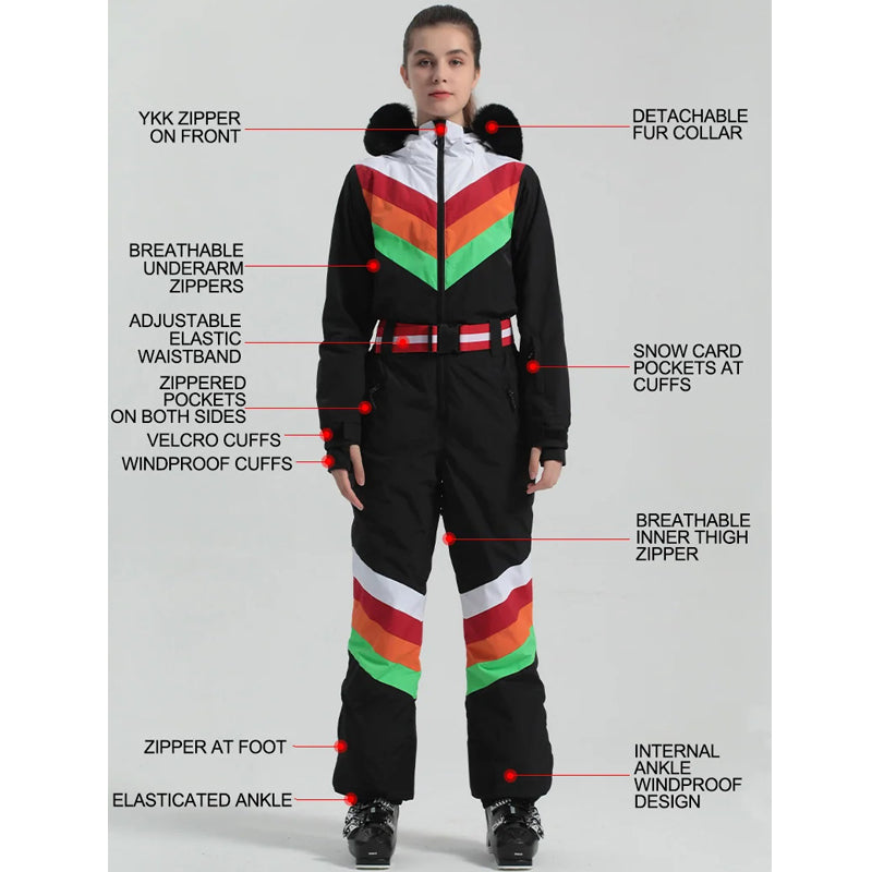 Gsou Snow - Traje de esquí de una pieza estilo retro con bloques de colores arcoíris para mujer