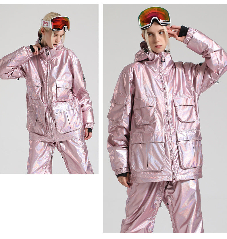 Gsou Snow - Chaqueta de esquí de cuero reflectante y deslumbrante para mujer