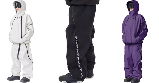 Three color options of baggy snowboard pants and jackets: white, black, and purple.