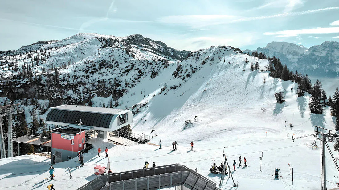 Snowy ski resort with lift and scenic mountain views