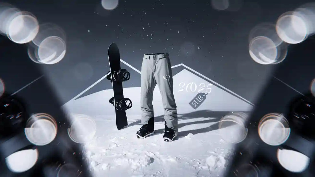 Sleek snowboard pants with board in snow mountain night scene