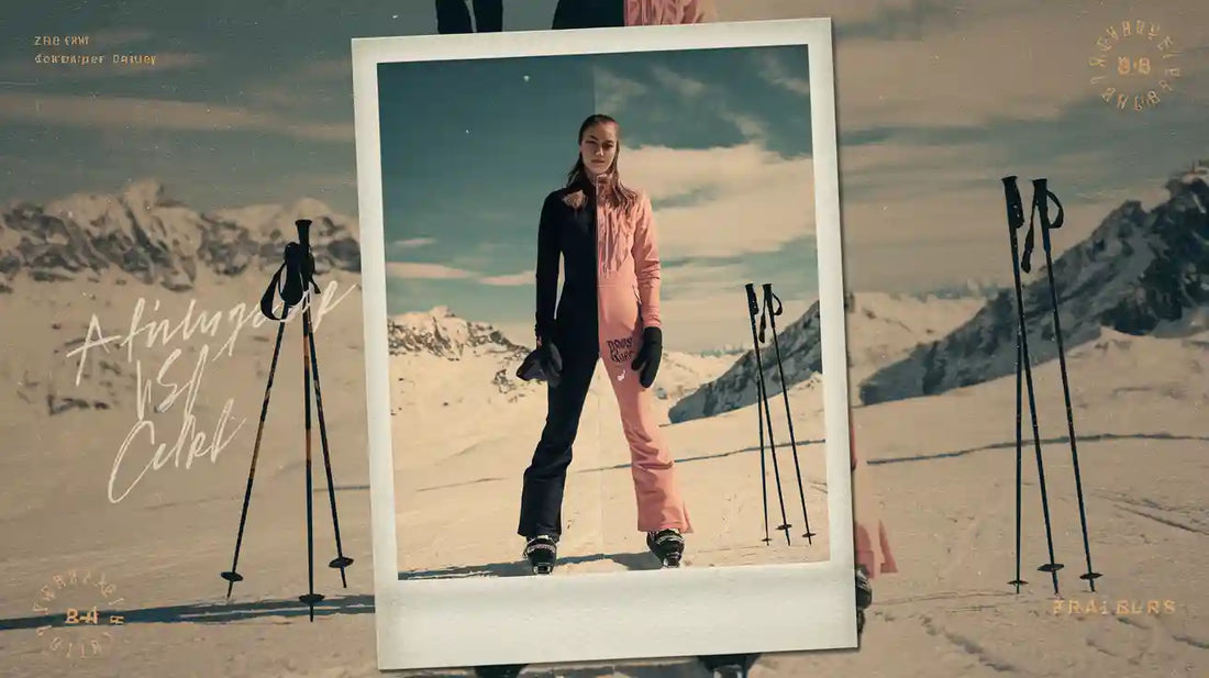Woman in a pink and black ski jumpsuit on snowy slopes.