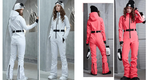 Pink snow jumpsuit with white mittens and black boots.