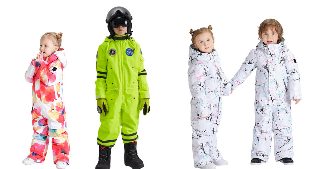 Colorful ski bibs for kids in winter attire.