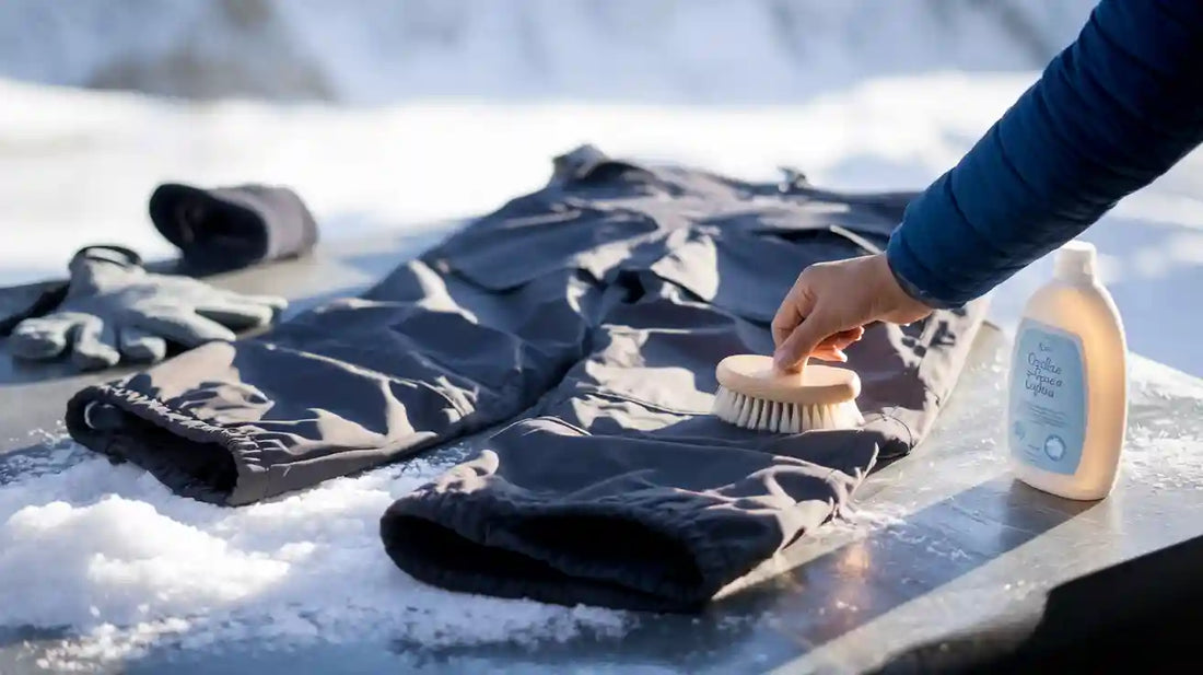 Brushing off snow on XXL snow pants for winter maintenance.