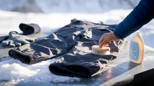 Brushing off snow on XXL snow pants for winter maintenance.