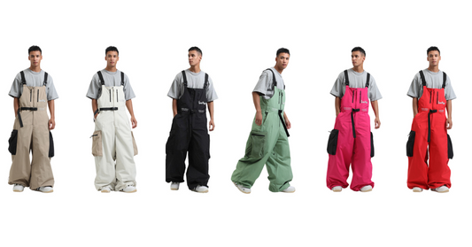 Multicolor Snowboard Bibs in Various Colors - A selection of snowboard bibs in various colors: beige, black, white, green, pink, and red.