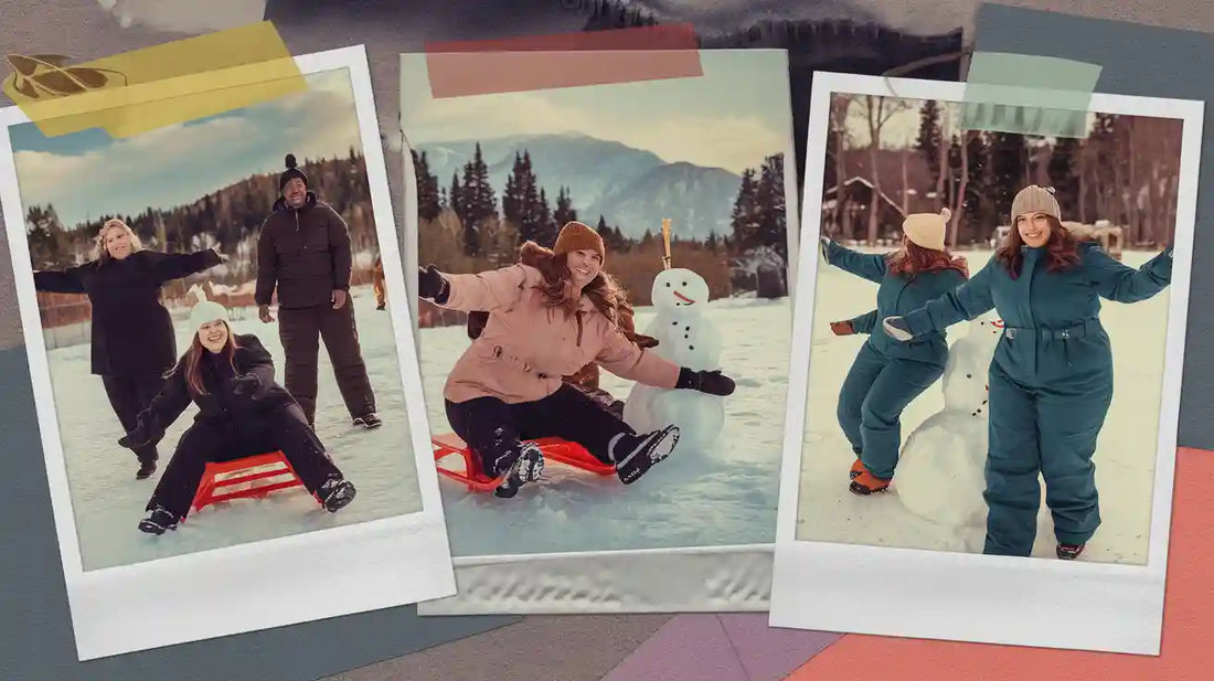 Happy plus-size friends sledding downhill in colorful winter suits
