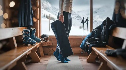 Ski boots and socks, preparing for a snowy adventure in the winter lodge.