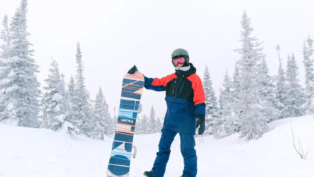 Waterproof snowboarding jacket with vibrant colors, perfect for winter sports.