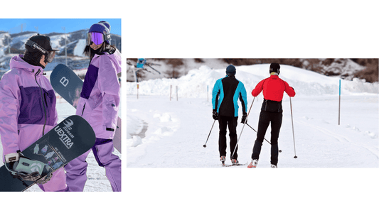 Two people in snow gear, one with a snowboard, the other cross-country skiing, on a snowy mountain.