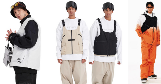 Men's ski vests in white, beige, and black with a relaxed snowboarding look