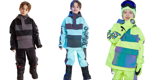 Group of kids wearing different colored snow suits, ready for winter fun