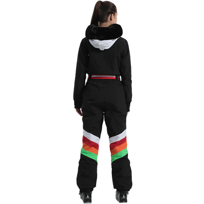 Gsou Snow - Snow Women's Rainbow Color Block Retro Style One Piece Ski Suit