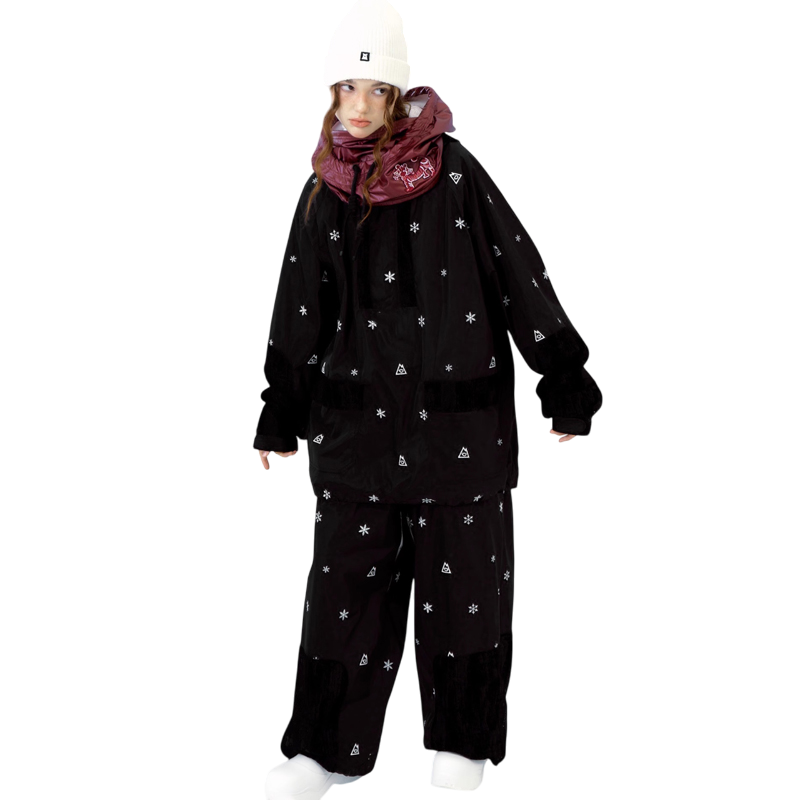 Hellystudio -Snowflake embroidery black snow suit --Women's