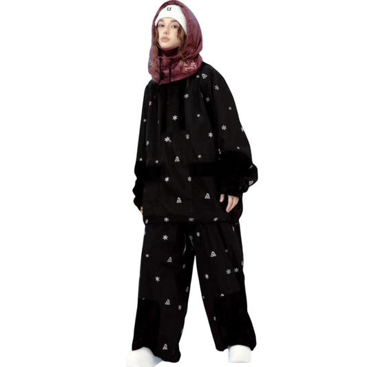 Hellystudio -Snowflake embroidery black snow suit --Women's