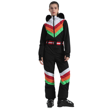 Gsou Snow - Snow Women's Rainbow Color Block Retro Style One Piece Ski Suit