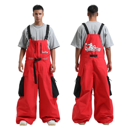 Man snowboarding in GSou baggy snow bibs showing cargo pockets