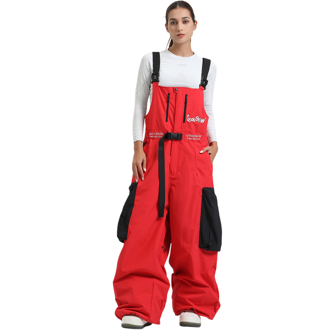 oman skiing in GSou baggy snow bibs showing cargo pockets and graphic prints