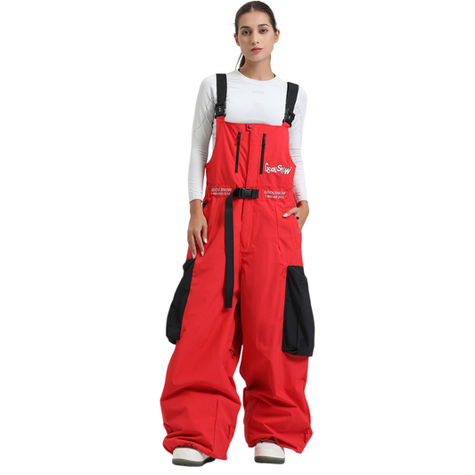 oman skiing in GSou baggy snow bibs showing cargo pockets and graphic prints